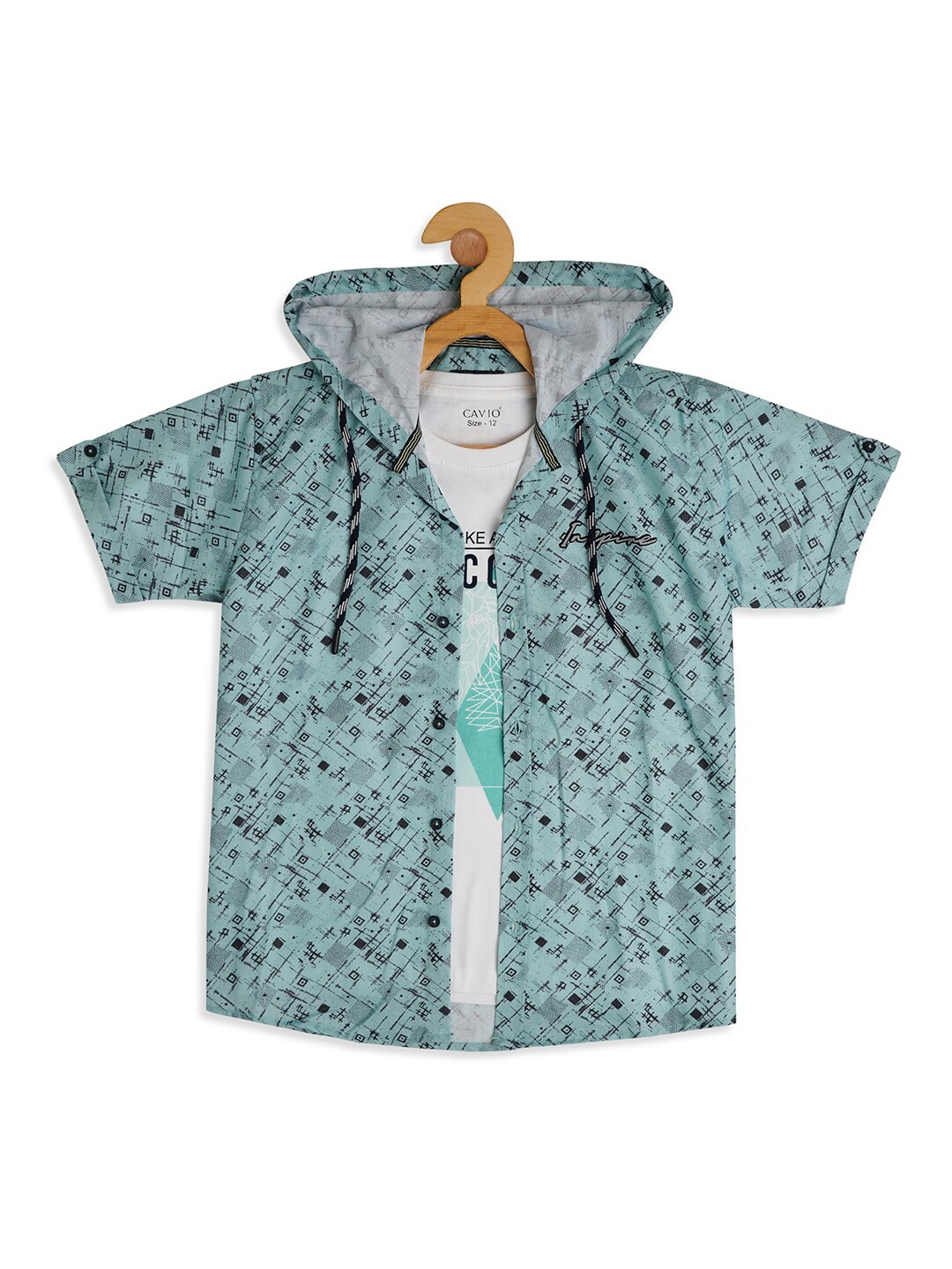 

CAVIO Boys Comfort Fit Geometric Printed Hooded Opaque Casual Shirt With Printed T-shirt, Green
