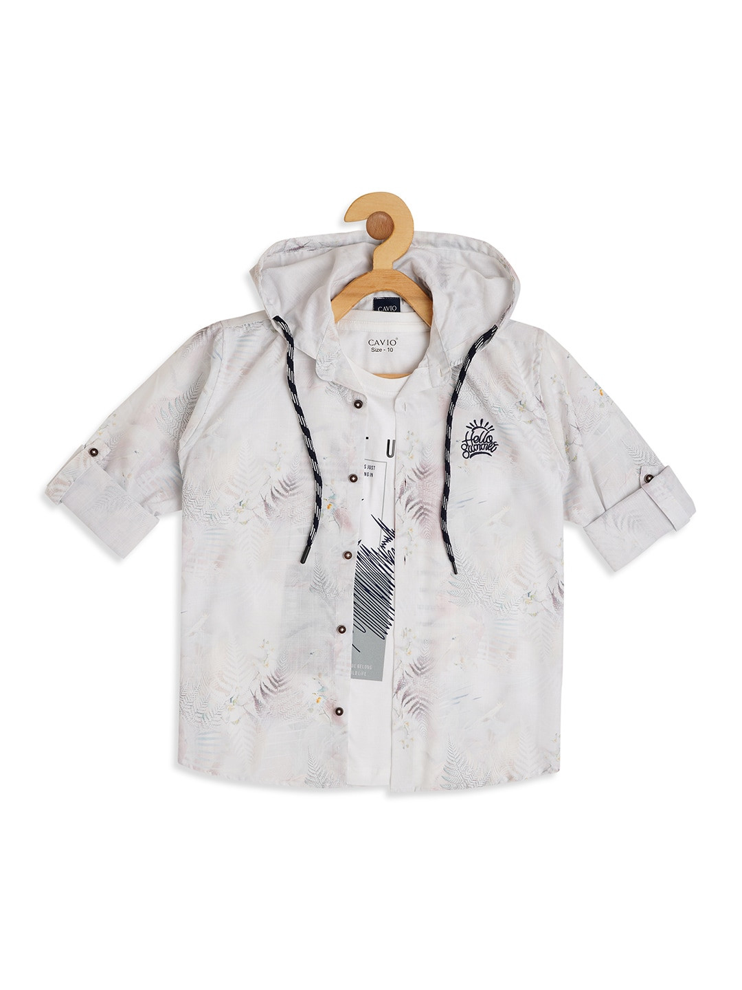 

CAVIO Boys Comfort Fit Floral Printed Hooded Opaque Casual Shirt With Printed T-shirt, Off white