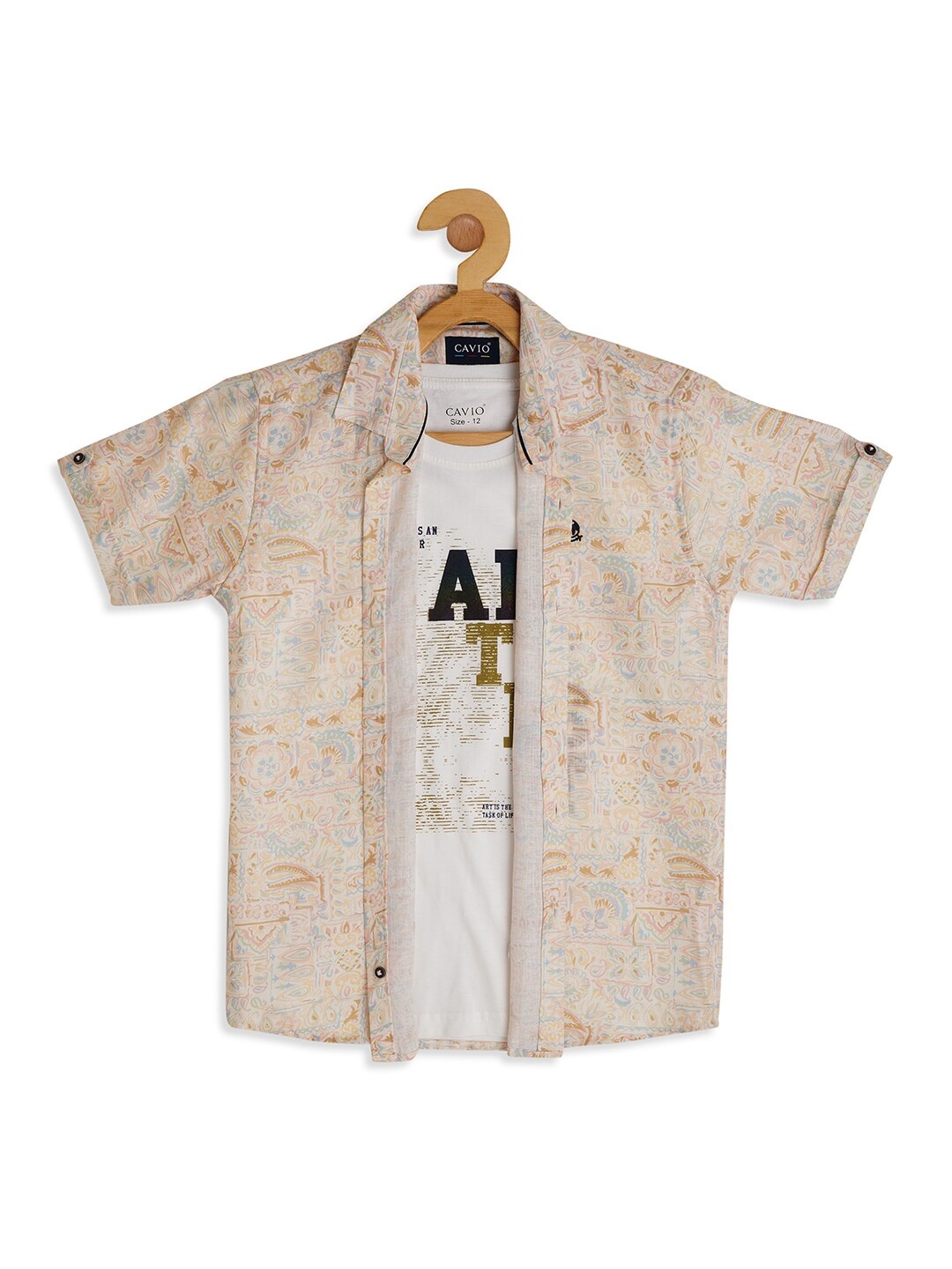 

CAVIO Boys Comfort Fit Floral Printed Casual Shirt With Printed T-shirt, Off white