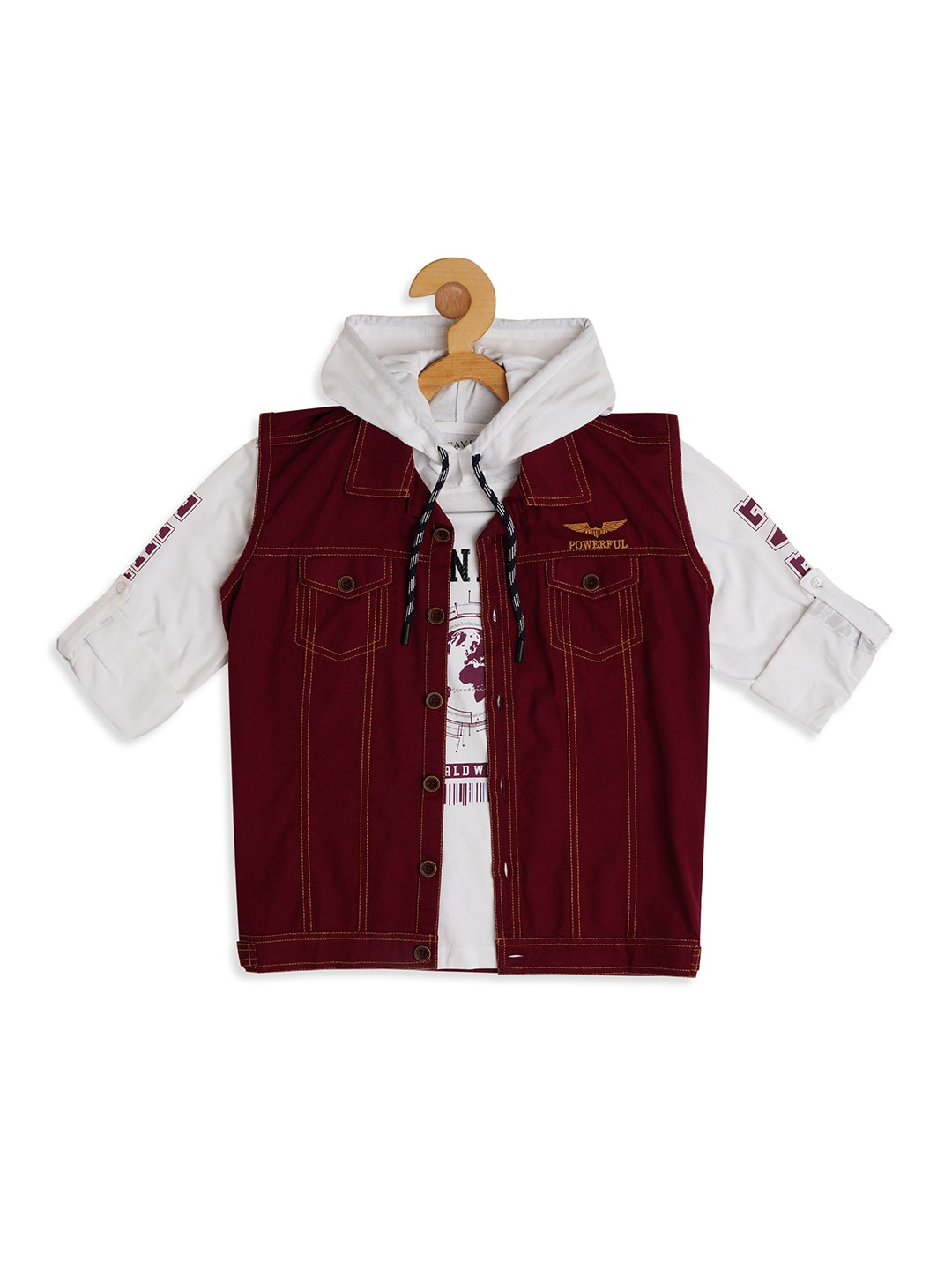

CAVIO Boys Comfort Fit Sleeveless Casual Shirt With Printed Hooded T-shirt, Maroon