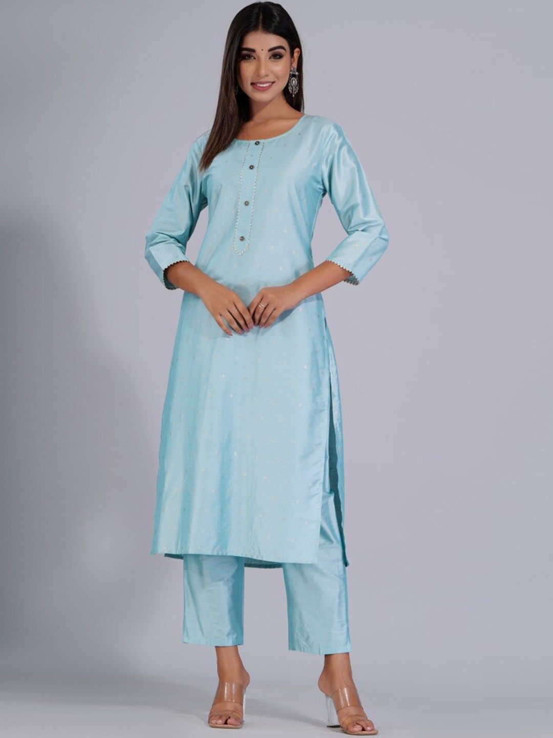 

HERE&NOW Turquoise Blue Floral Woven Design Gotta Patti Kurta with Trousers