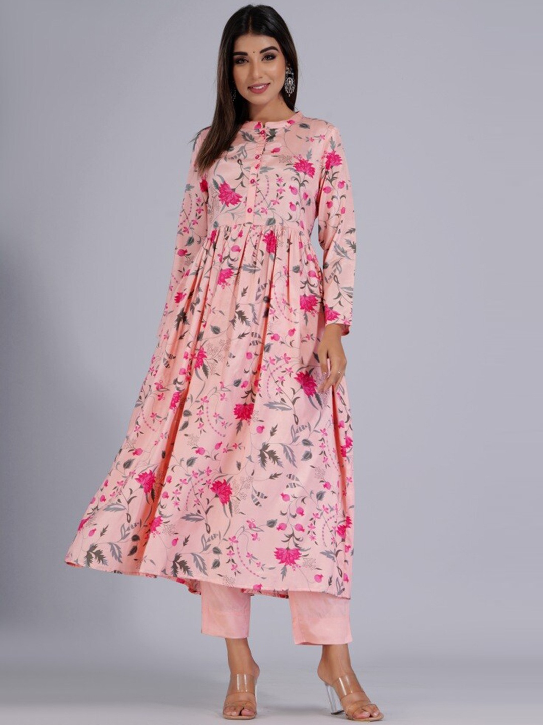 

HERE&NOW Peach Mandarin Collar Floral Printed Regular Kurta with Trousers