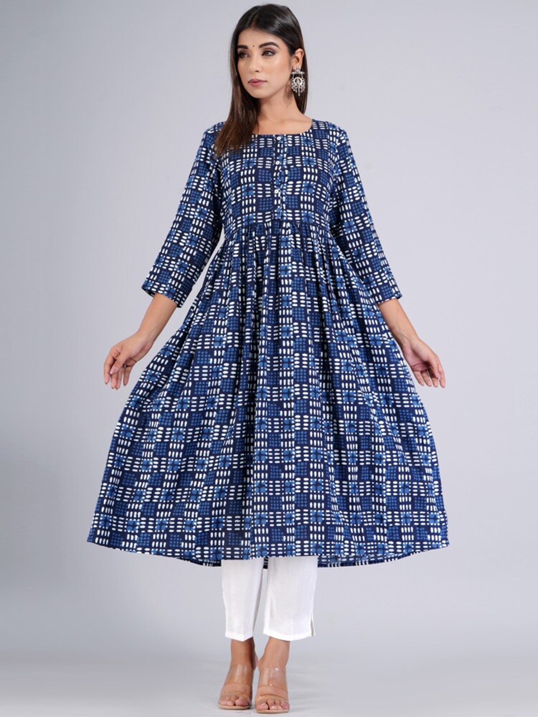 

HERE&NOW Navy Blue & White Ethnic Motifs Printed Anarkali Kurta with Trousers