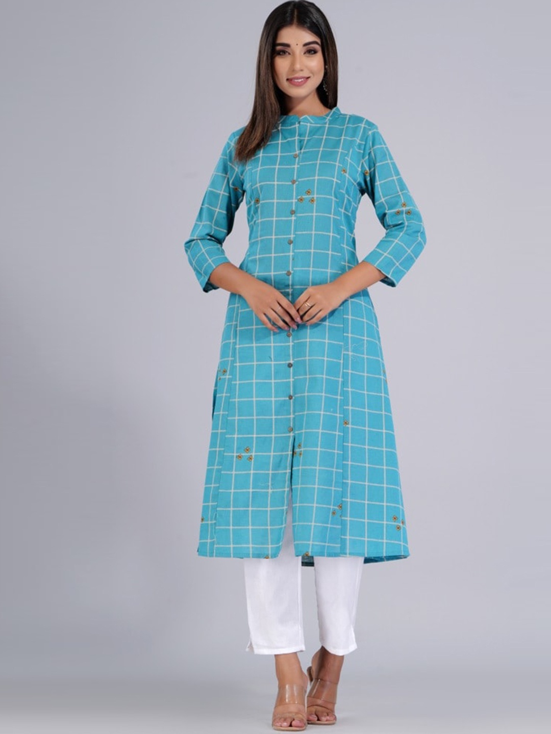 

HERE&NOW Teal Mandarin Collar Checked Regular Kurta with Trousers