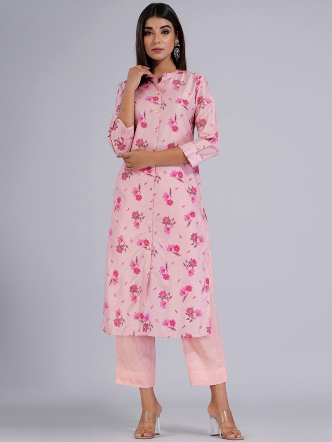 

HERE&NOW Pink Floral Printed Roll-Up Sleeves Kurta with Trousers