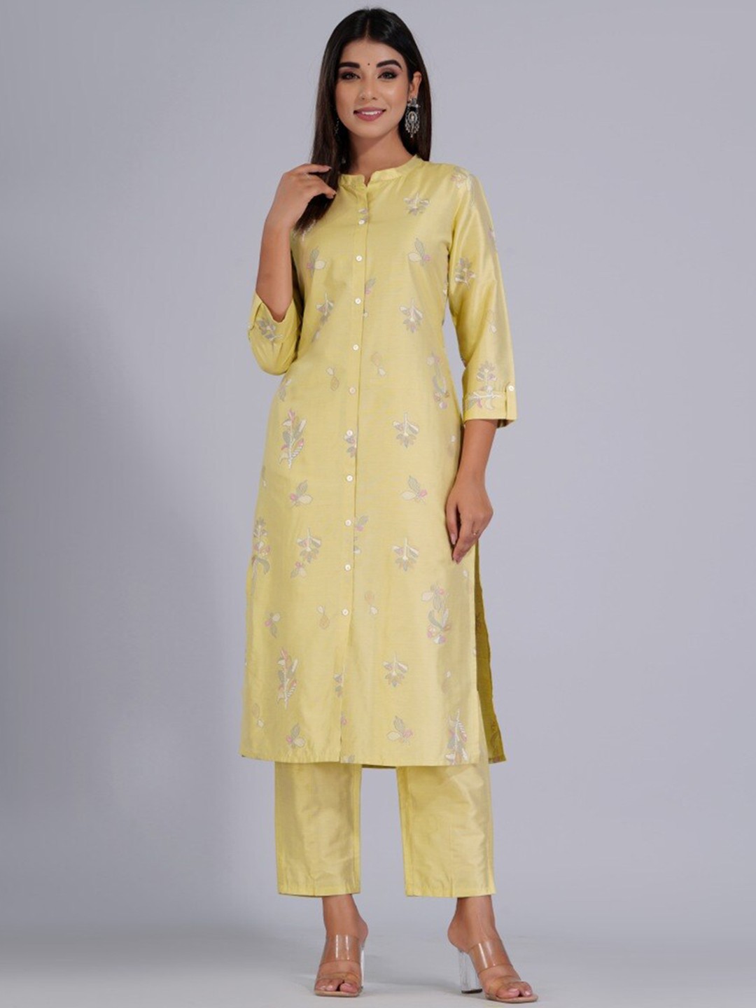 

HERE&NOW Mustard Yellow Floral Printed Mandarin Collar Kurta with Trousers