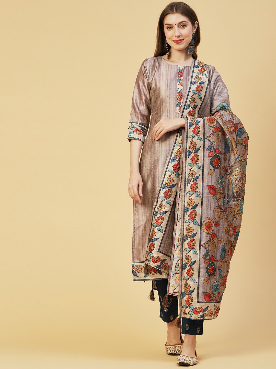 

FASHOR Taupe Striped Chanderi Silk Kurta with Dupatta