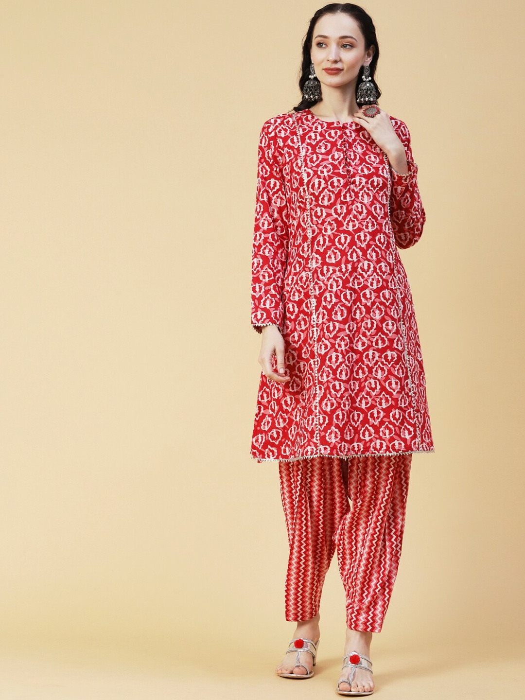 

FASHOR Red & White Ethnic Motifs Printed Pure Cotton A-Line Kurta With Salwar