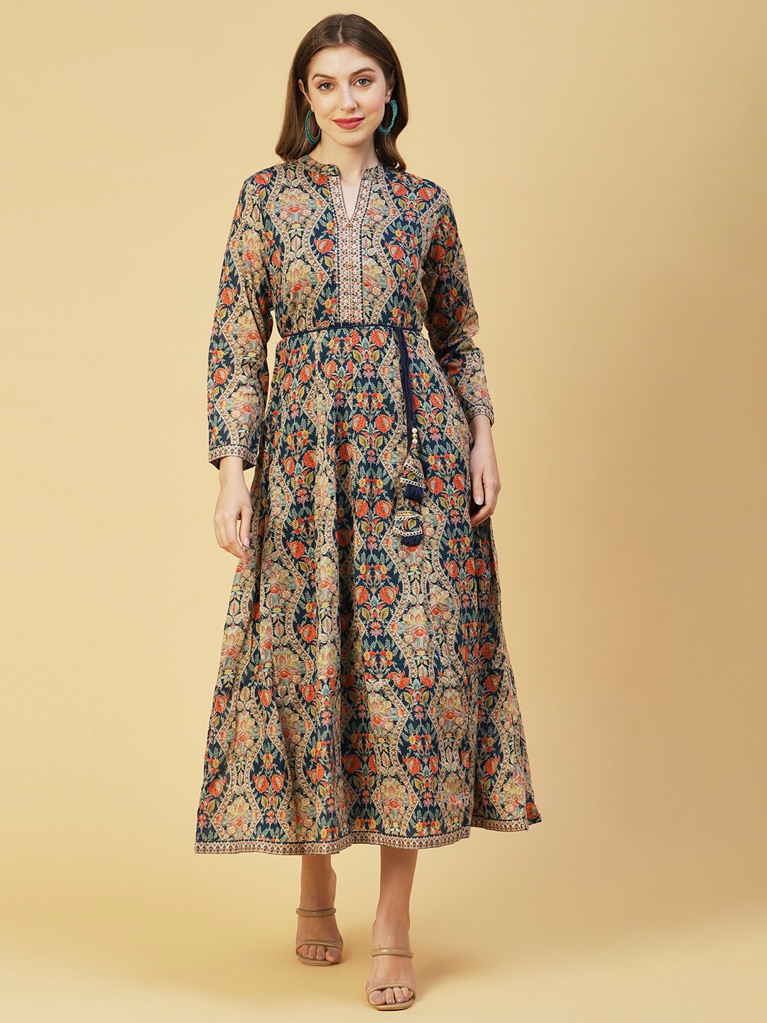 

FASHOR Ethnic Motifs Print A-Line Midi Dress, Teal