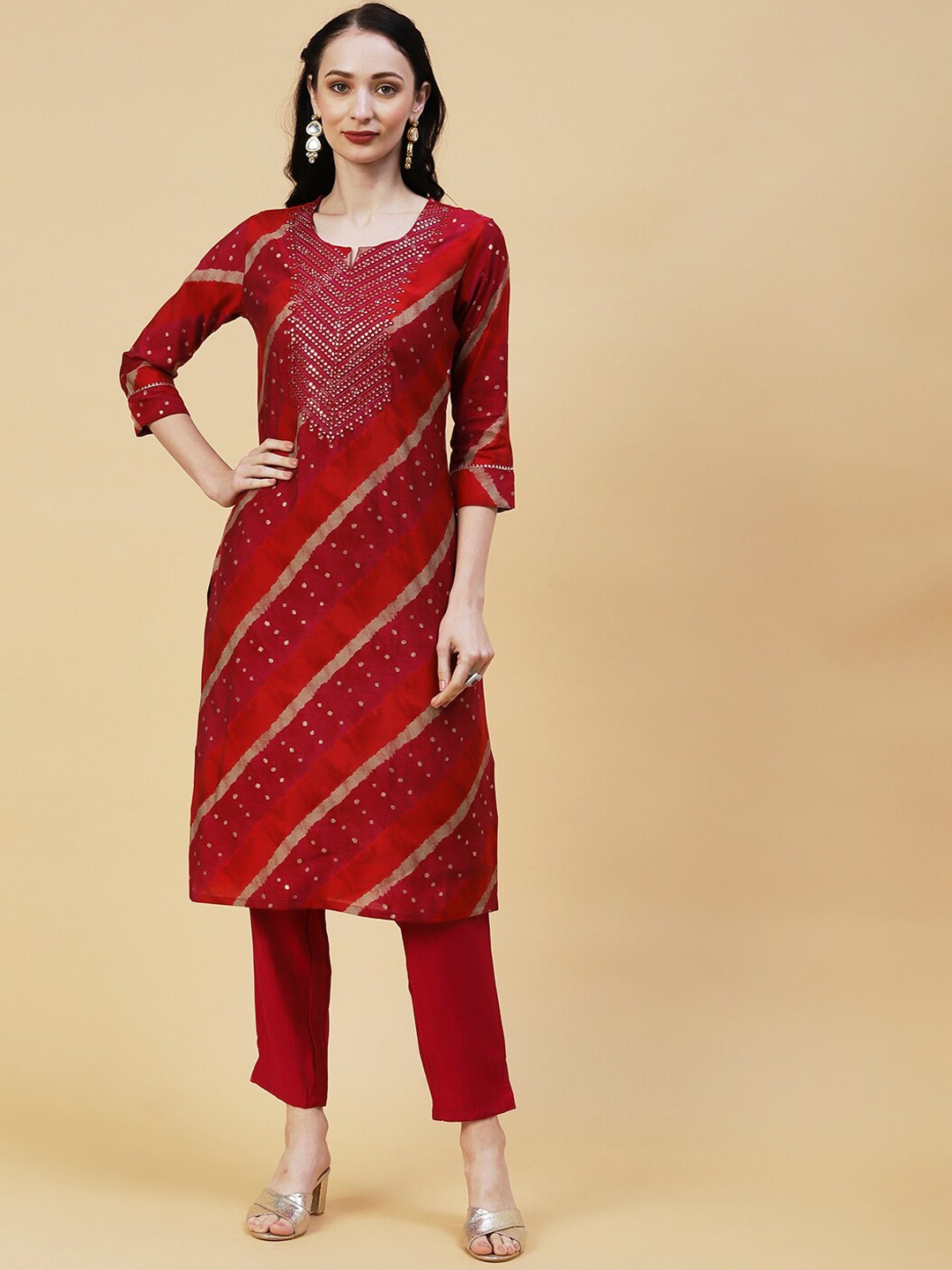 

FASHOR Red & Beige Leheriya Printed Notched Neck Mirror Work Kurta With Trousers