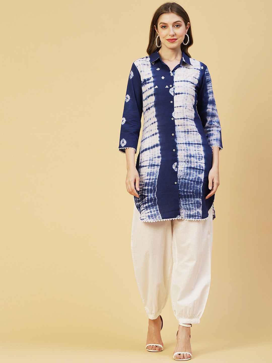 

FASHOR Blue & White Dyed Shirt Collar Sequinned Pure Cotton Kurti With Salwar