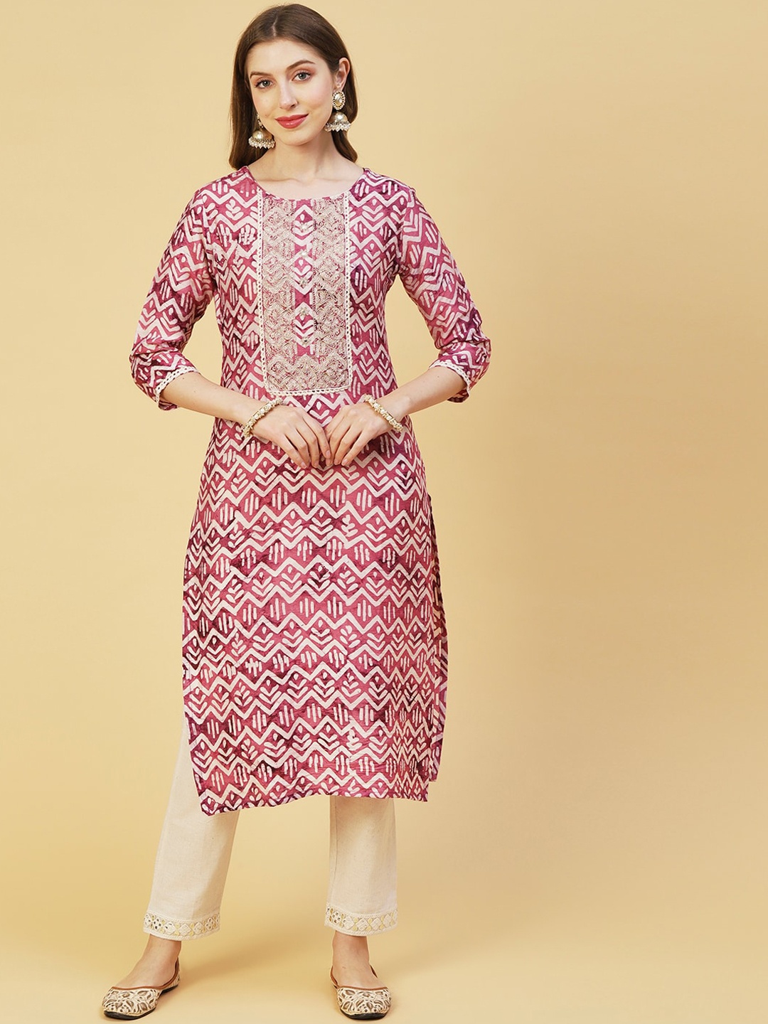 

FASHOR Purple & Off White Ethnic Motifs Printed Zari Chanderi Silk Kurta
