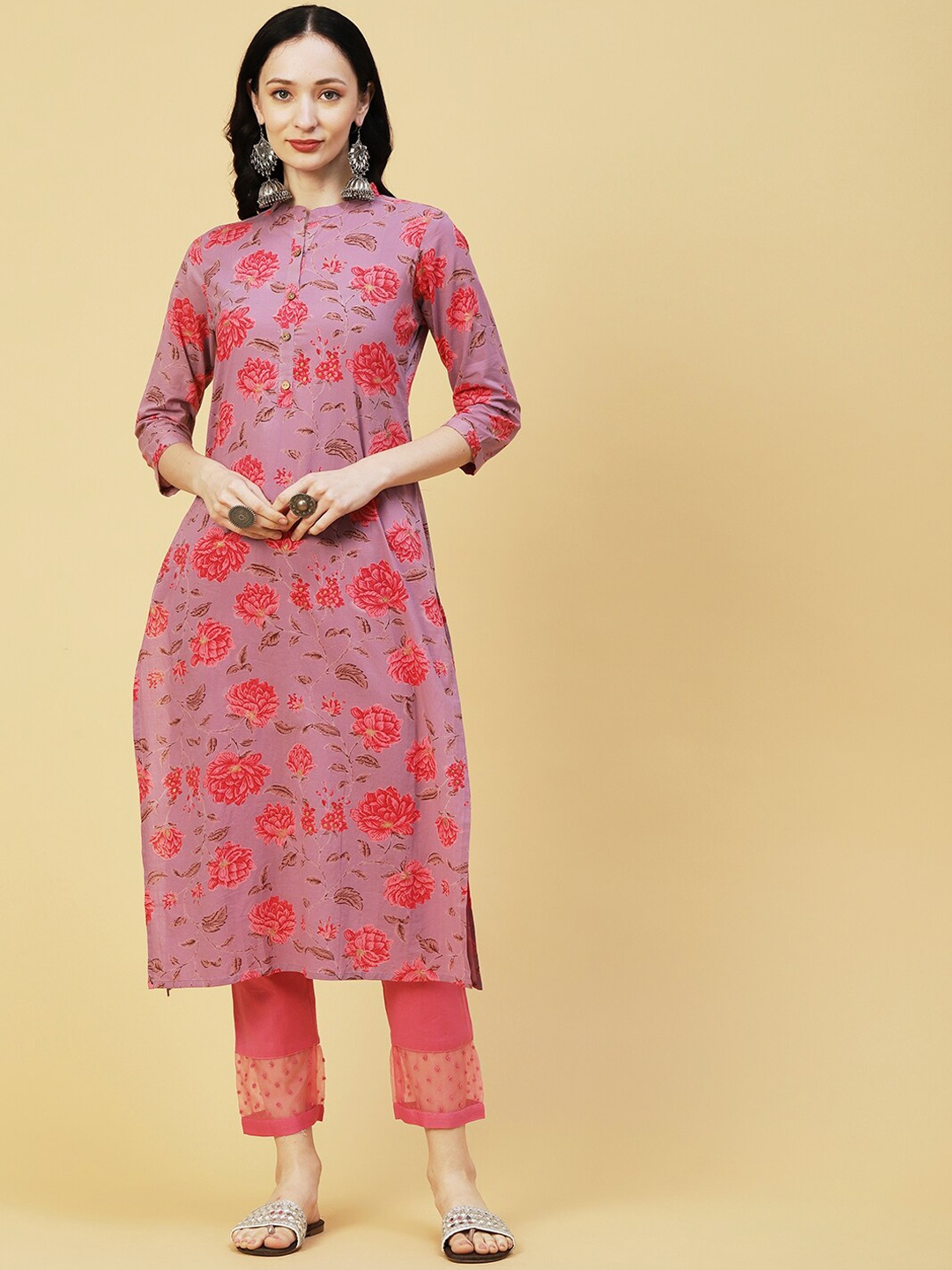 

FASHOR Lavender & Red Floral Printed Mandarin Collar Cotton Kurta