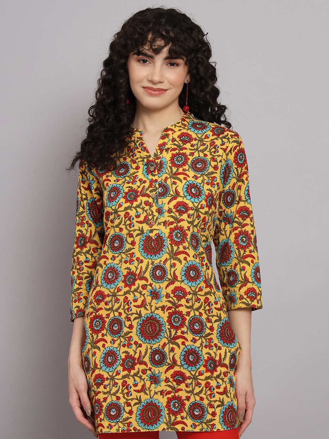 

Silai Bunai Yellow & Red & Blue Floral Printed Mandarin Collar Kurti