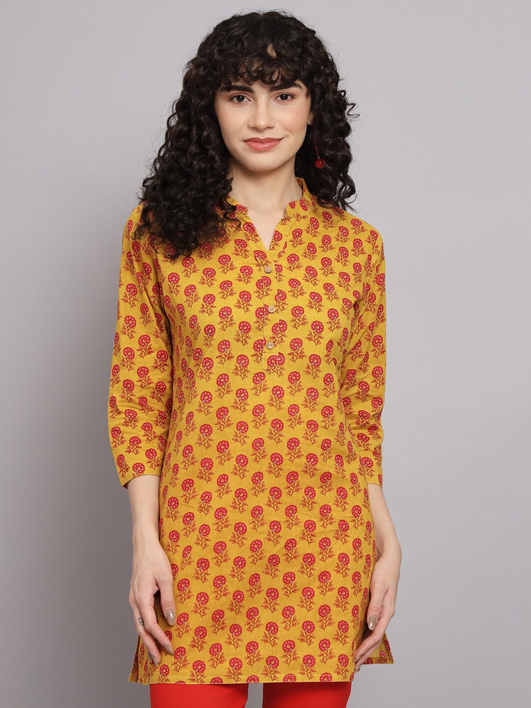 

Silai Bunai Yellow & Red Floral Printed Mandarin Collar Kurti