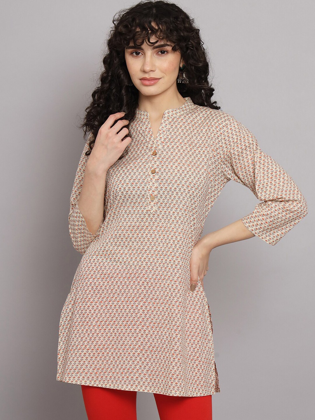 

Silai Bunai Cream & Red Floral Printed Mandarin Collar Kurti