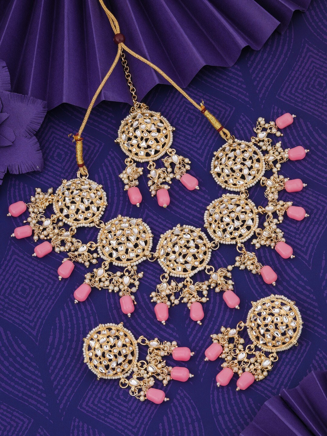 

Vita Bella Gold-Plated Kundan-Studded & Beaded Necklace & Earrings