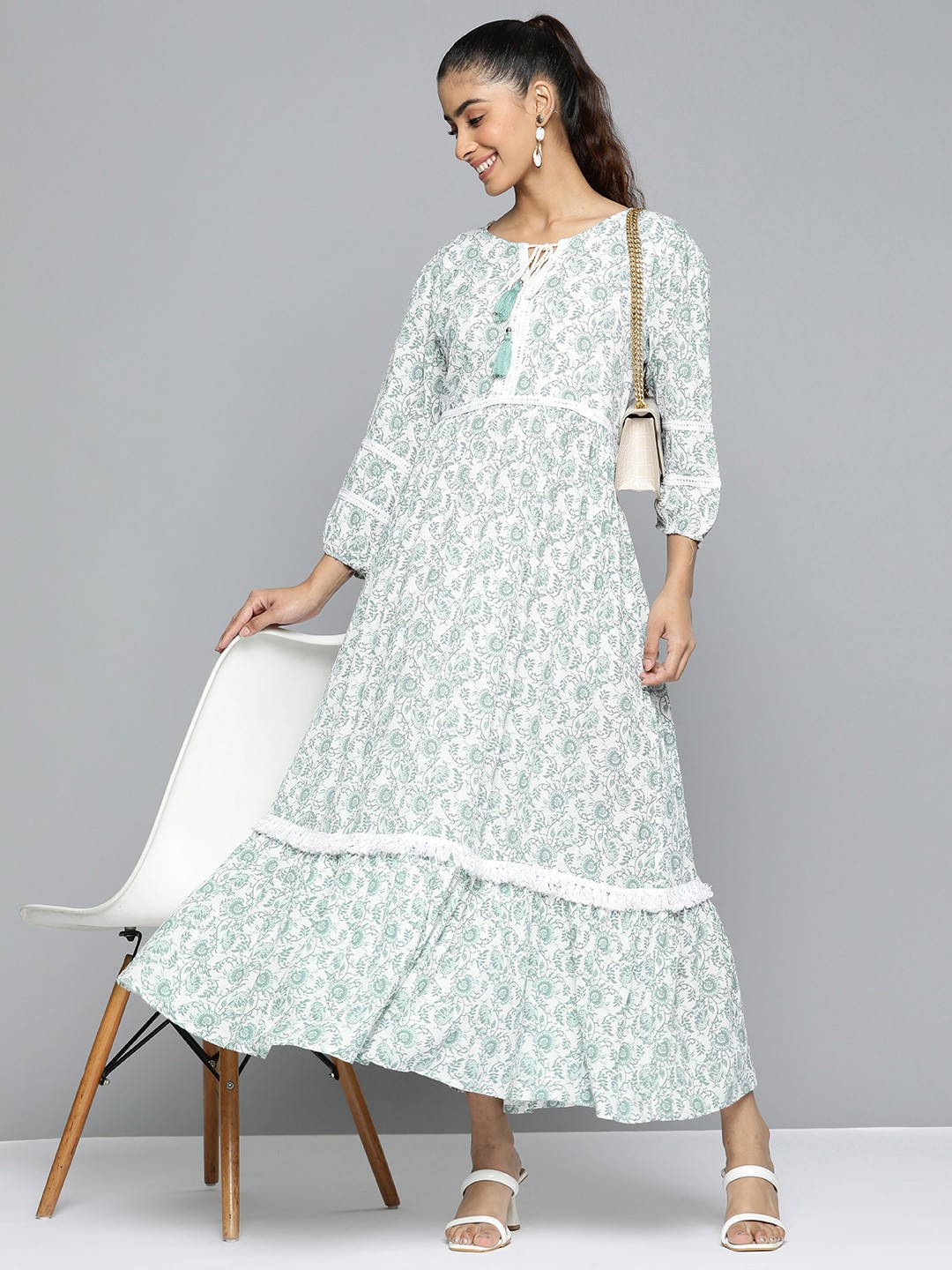 

HERE&NOW Floral Print Tie-Up Neck Puff Sleeve A-Line Maxi Dress, Grey
