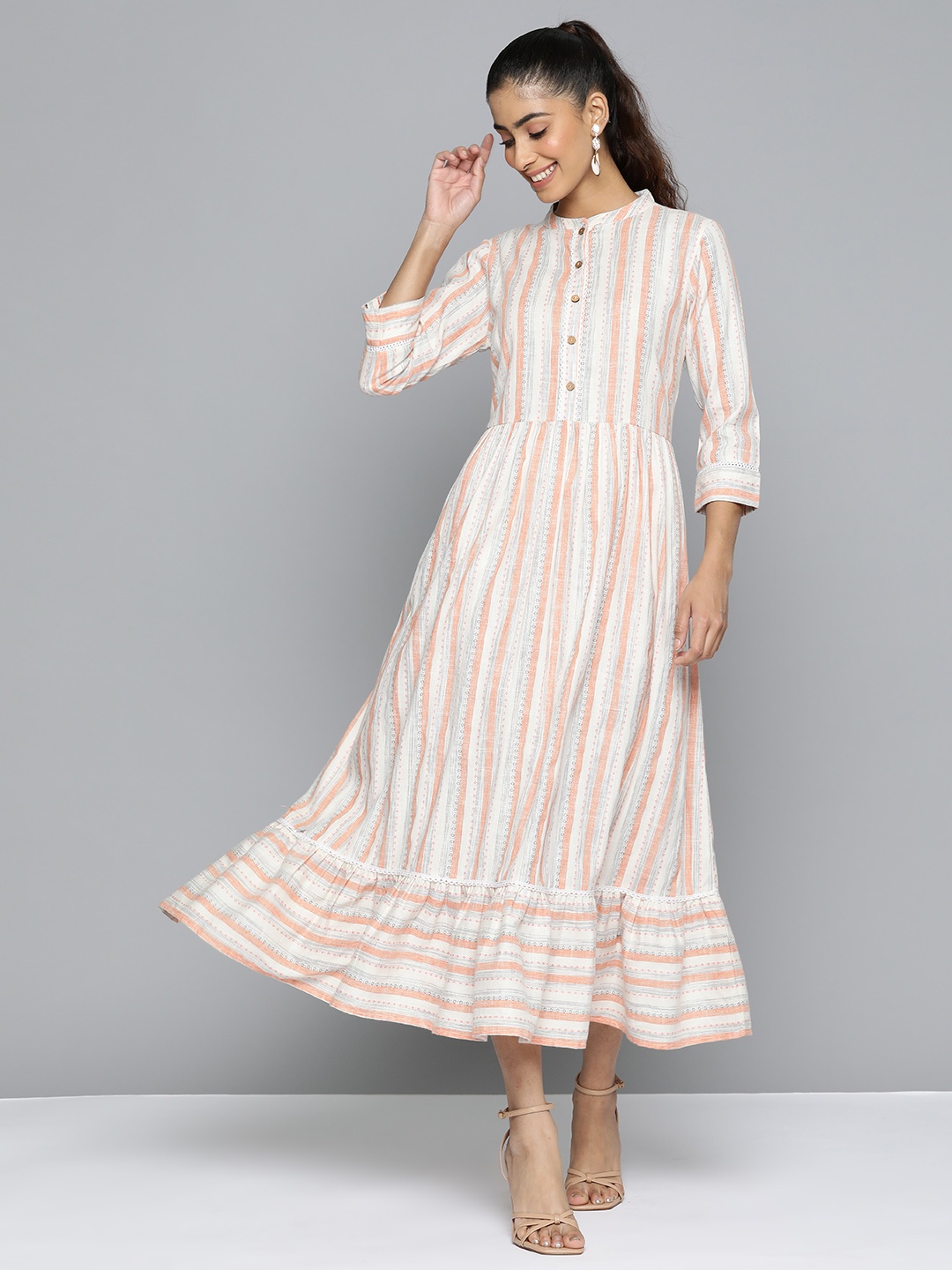 

HERE&NOW Striped A-Line Pure Cotton Maxi Dress, Cream