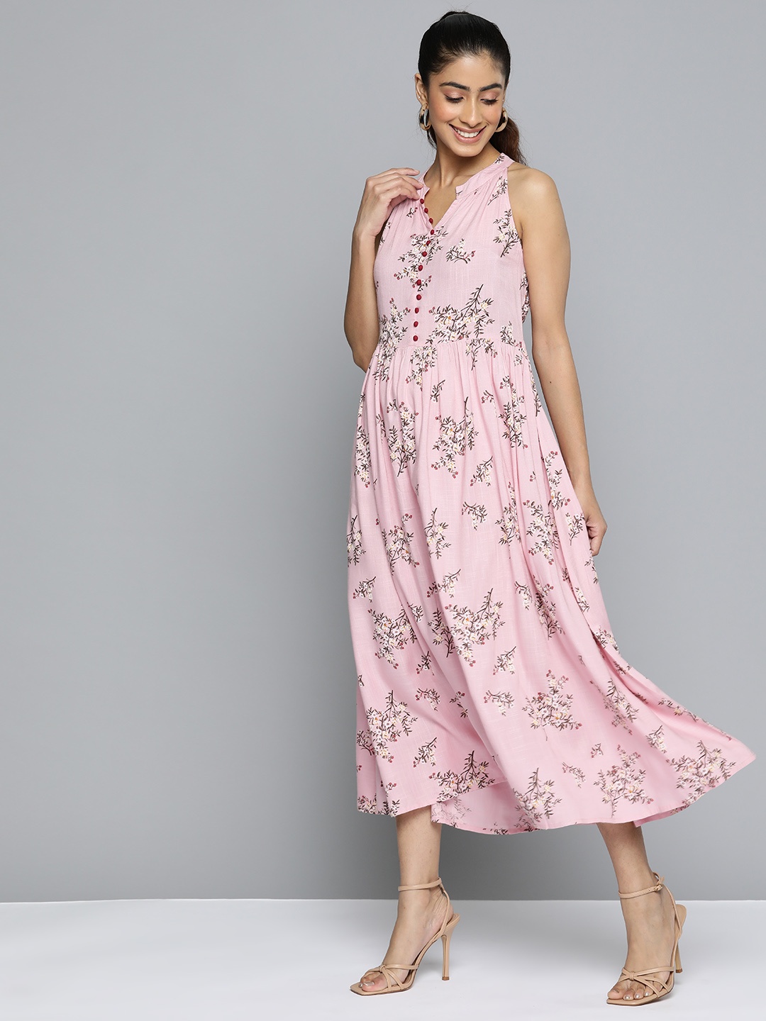 

HERE&NOW Floral Print A-Line Midi Dress, Pink