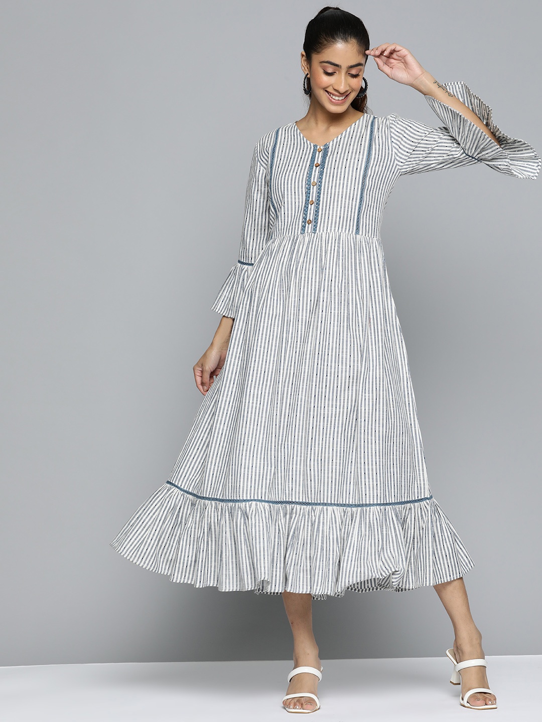 

HERE&NOW Striped Bell Sleeves A-Line Pure Cotton Midi Dress, Blue