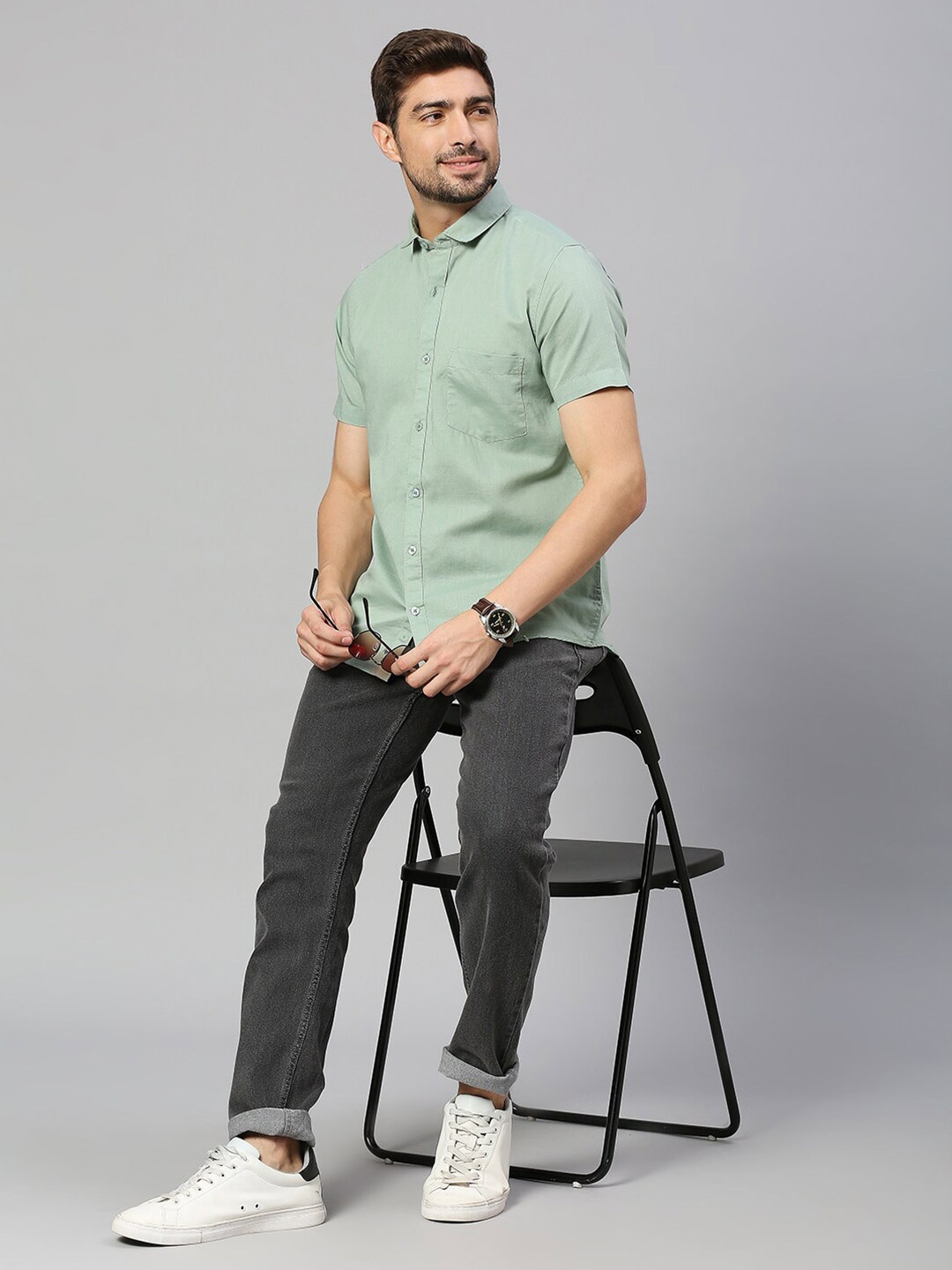 

Mast & Harbour Green Classic Slim Fit Cotton Linen Casual Shirt