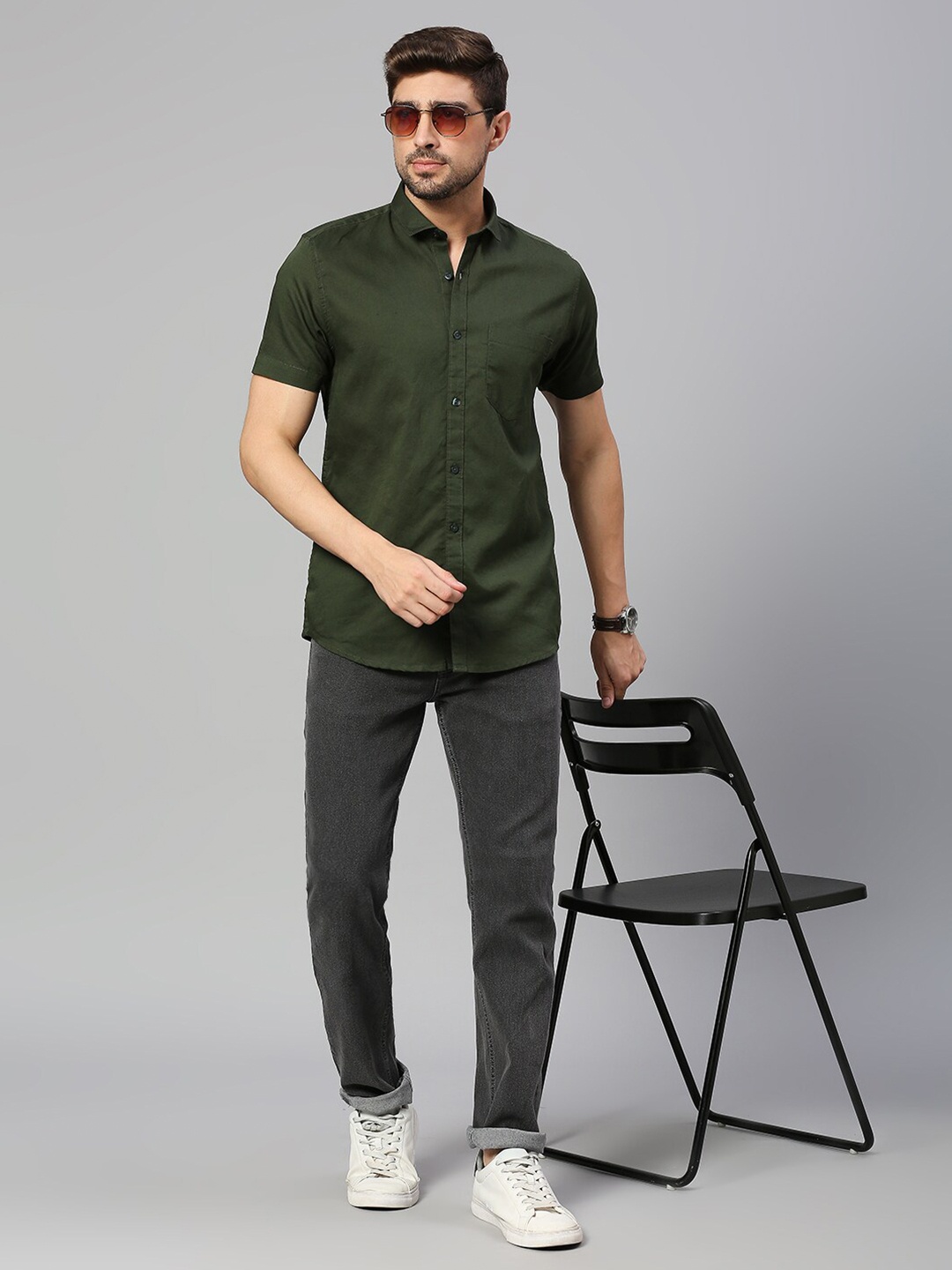 

Mast & Harbour Green Classic Slim Fit Cotton Linen Casual Shirt