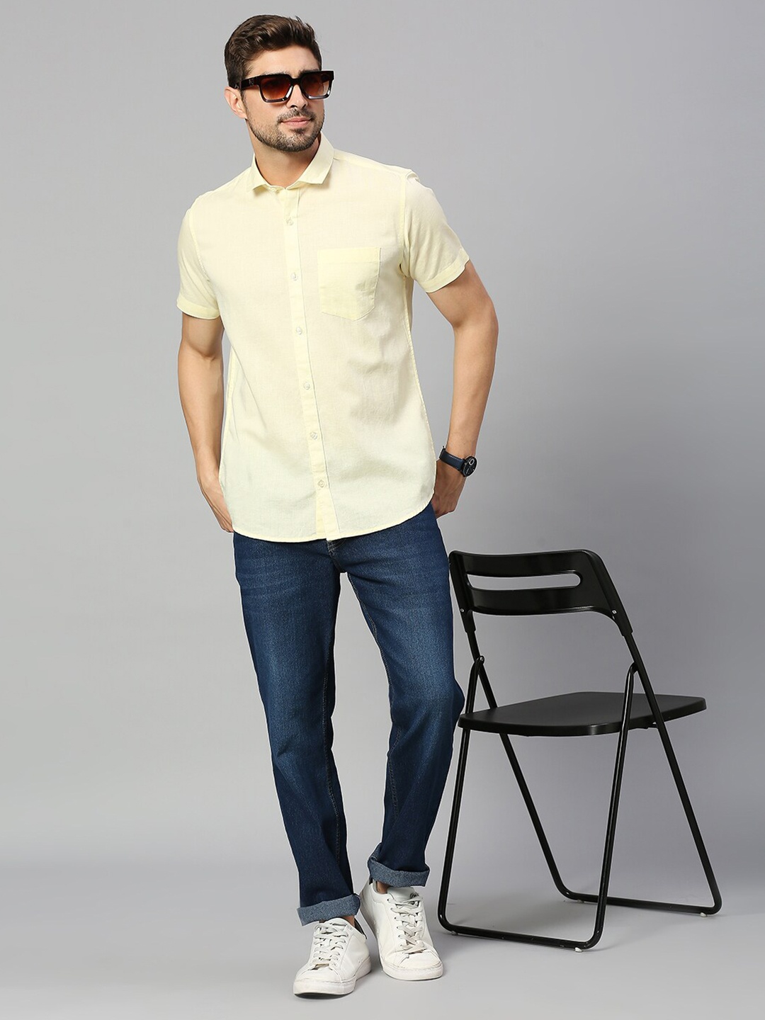 

Mast & Harbour Yellow Classic Slim Fit Cotton Linen Casual Shirt