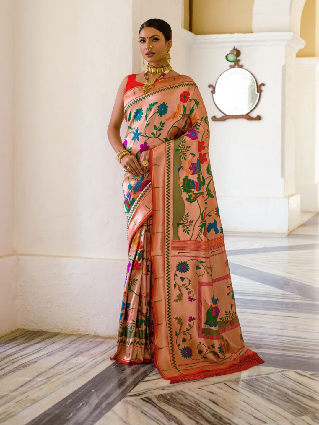 

VISHNU WEAVES Ethnic Motifs Woven Design Zari Paithani Saree, Peach