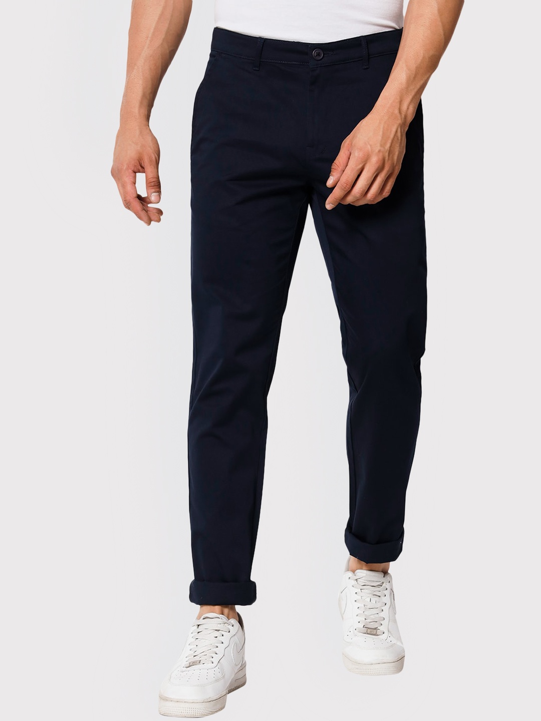 

POP CULTURE Men Mid Rise Cotton Chinos Trousers, Navy blue
