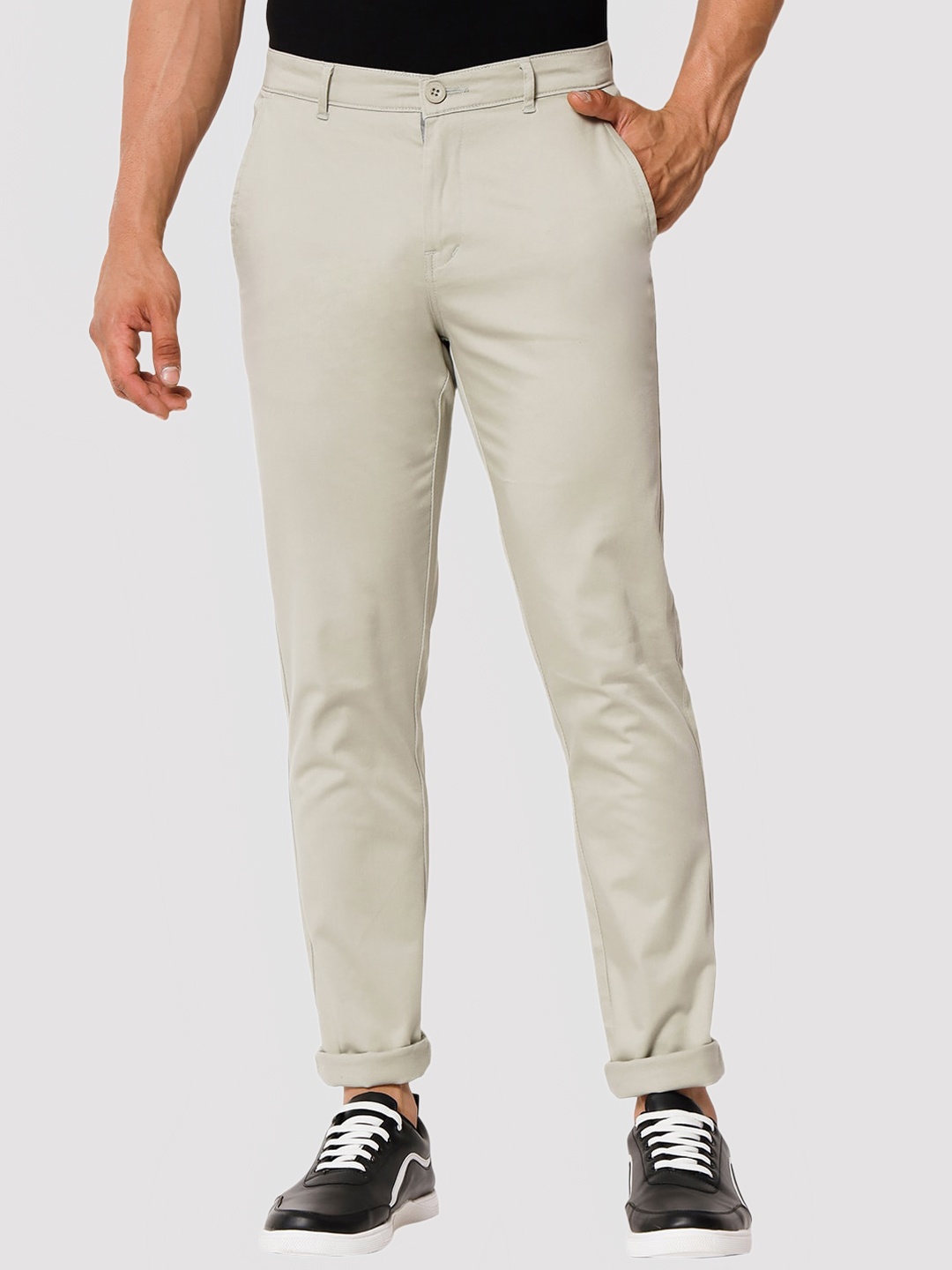 

POP CULTURE Men Mid Rise Cotton Chinos Trousers, Cream