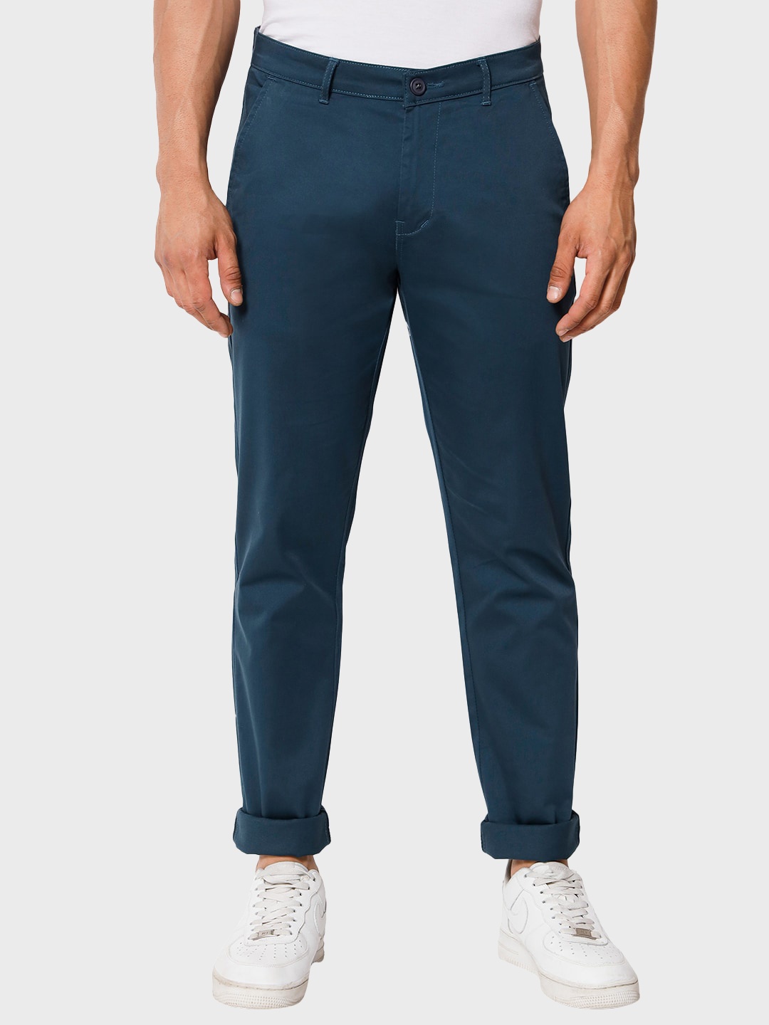 

POP CULTURE Men Mid Rise Cotton Chinos Trousers, Teal