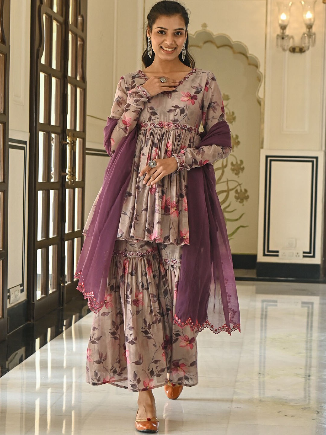 

EverBloom Floral Printed Beads & Stones Empire Kurti With Sharara & Dupatta, Beige
