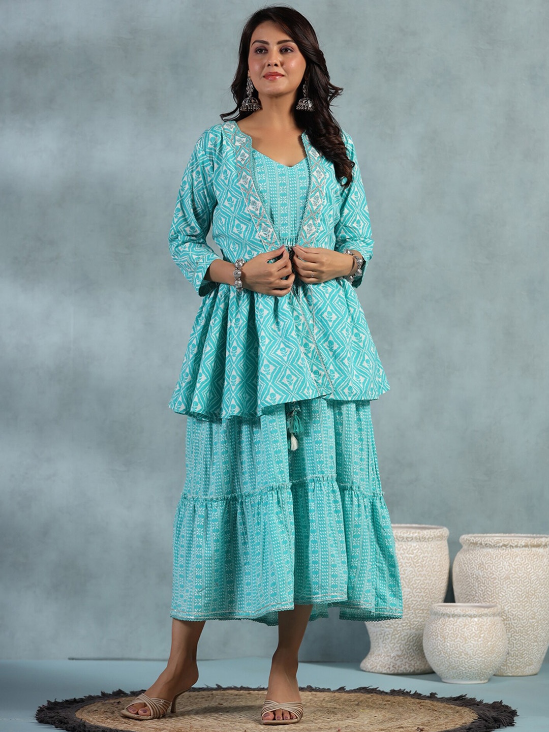 

EtnicaWear Ethnic Motifs Printed Tiered fit & flare Pure Cotton Ethnic Dress with Jacket, Turquoise blue