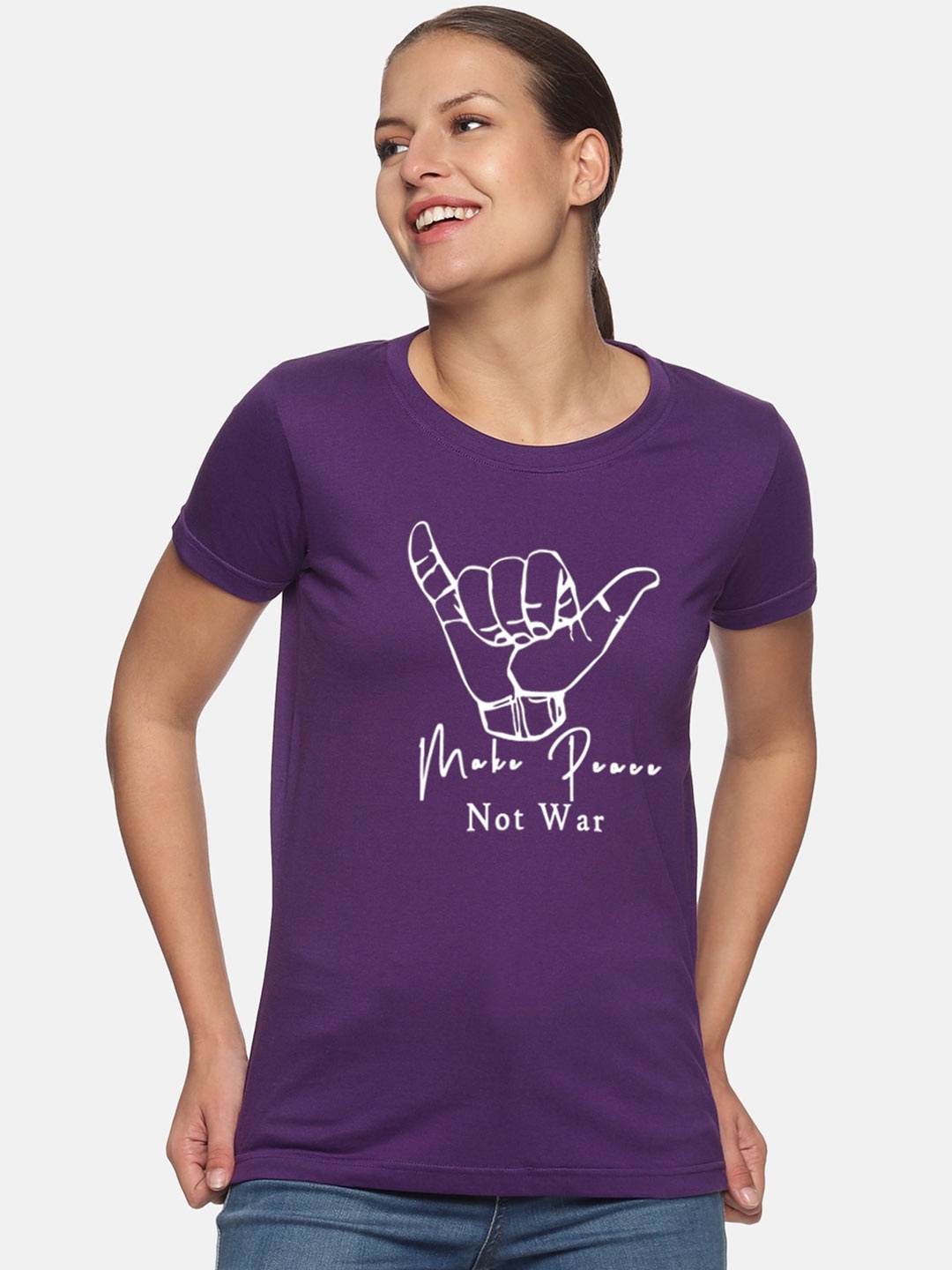 Trends Tower Typography Printed Round Neck Bio Wash Pure Cotton T-shirt, Purple