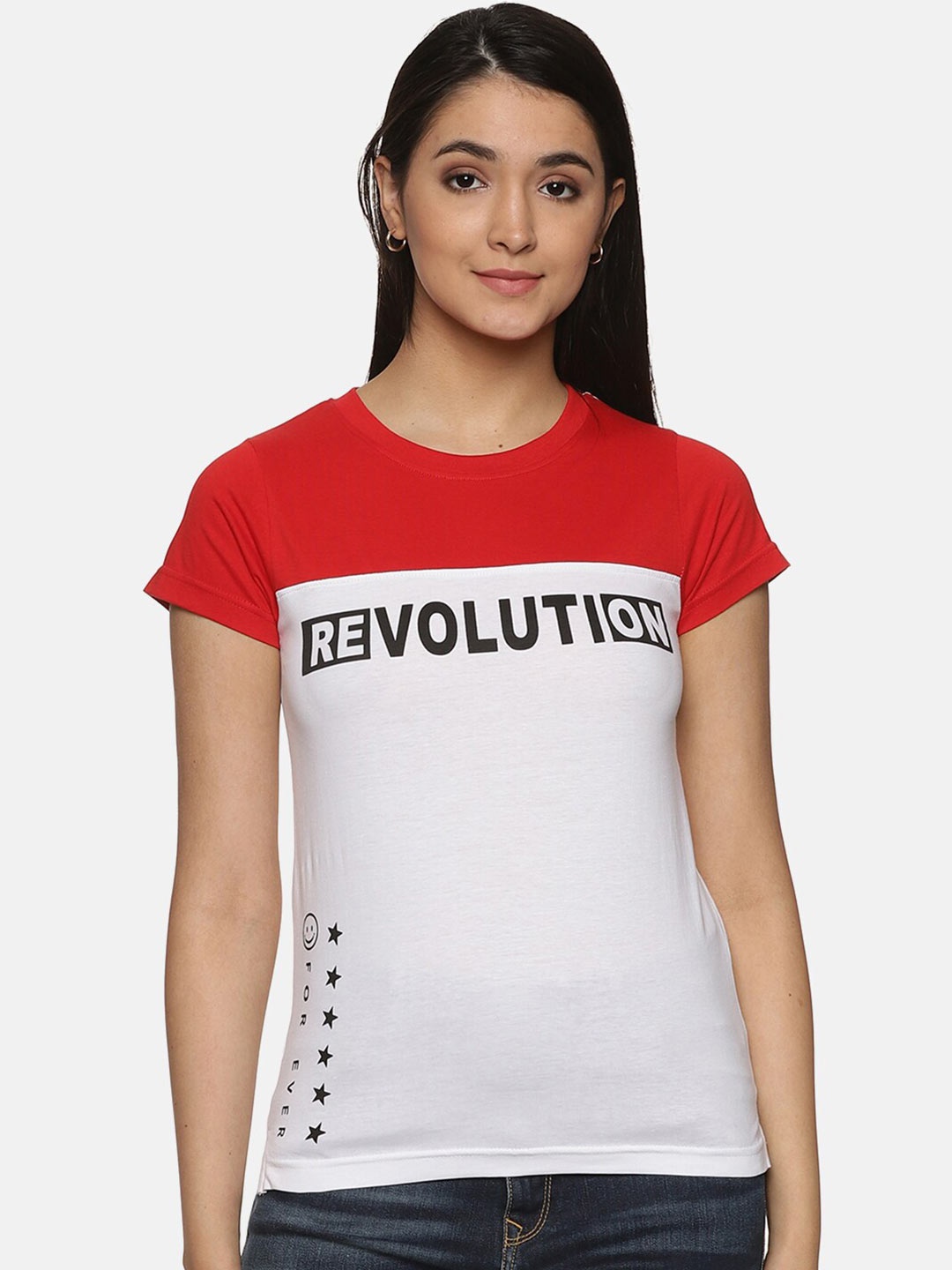 Trends Tower Colourblocked Typography Printed Pure Cotton T-shirt, Red
