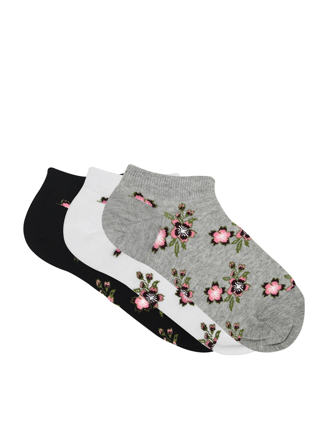 Balenzia Women Pack Of 3 Patterned Cotton Ankle-Length Socks, Black