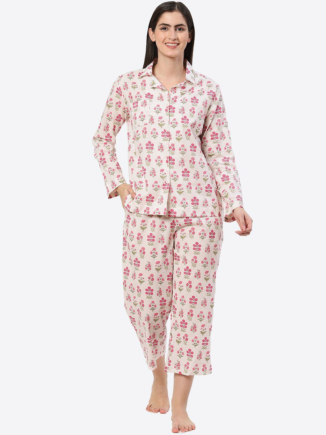 

Biba Floral Printed Pure Cotton Night Suit, Off white