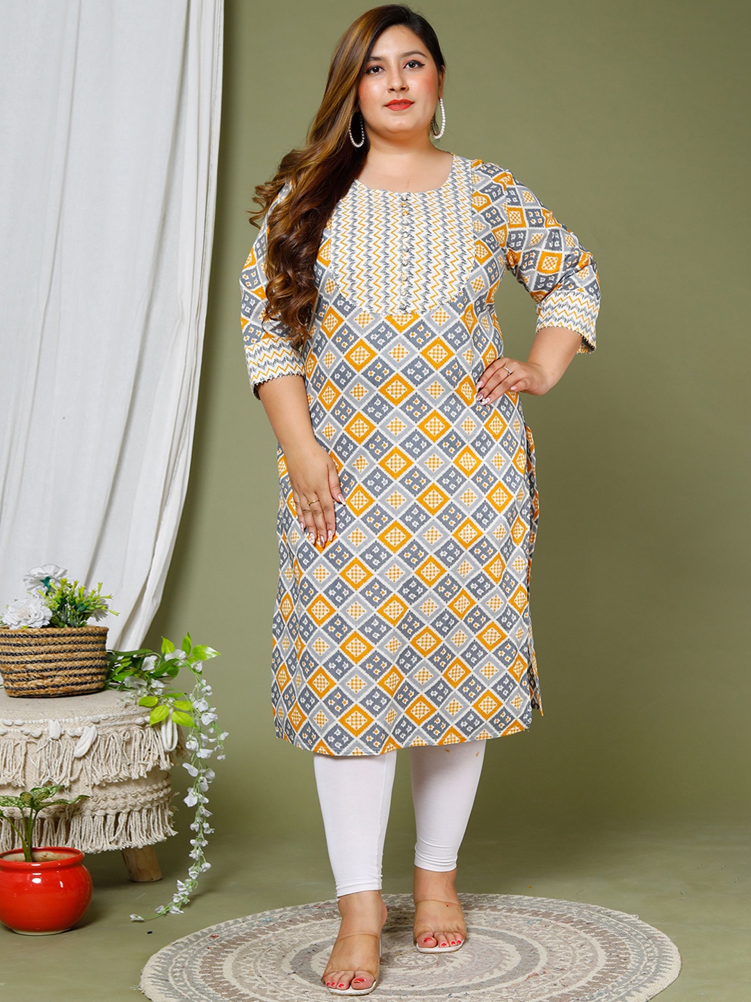 

Swasti Geometric Printed Gotta Patti Pure Cotton Kurta, Grey