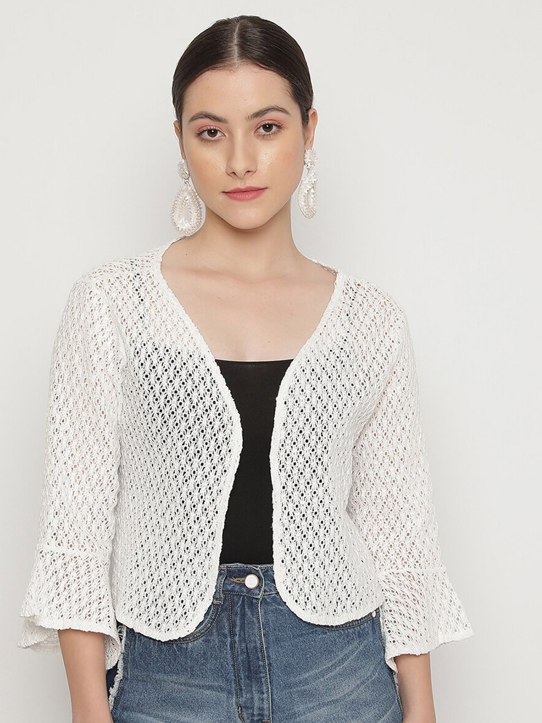 

UnaOne Women Self Design Lace Pure Cotton Open Front Shrug, Off white