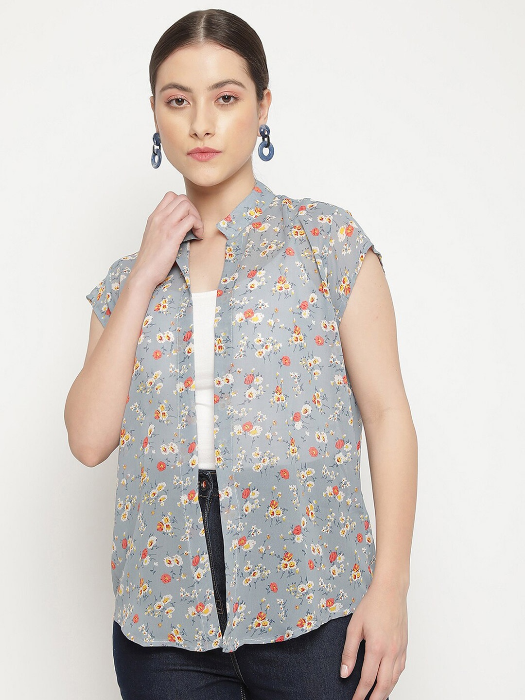 

UnaOne Women Floral Printed Mandarin Collar Open Front Shrug, Grey