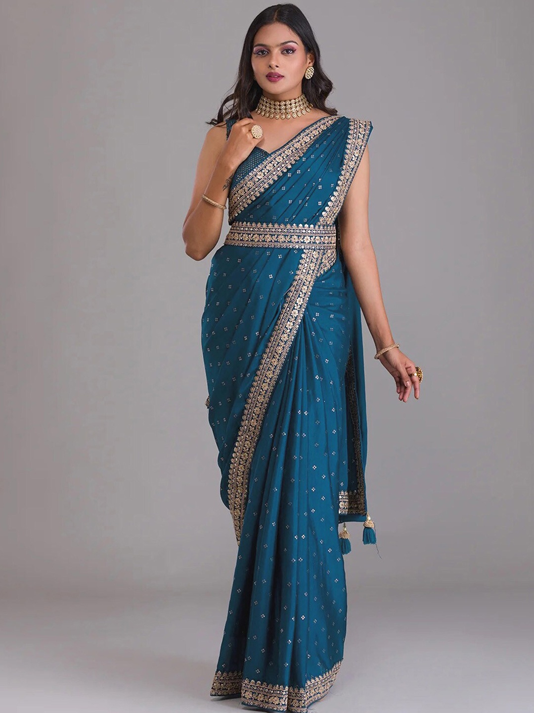 

Satrani Bandhani Embroidered Sequinned Poly Chiffon Belted Saree, Blue
