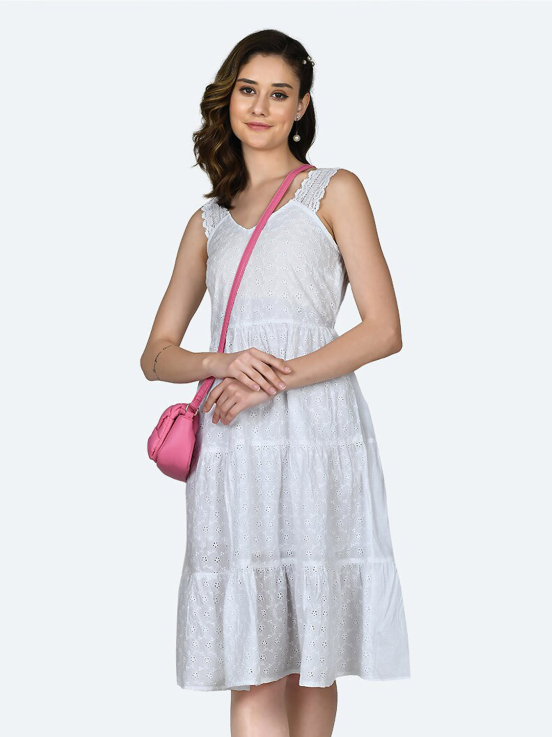 

Zink London Striped Embroidered Pure Cotton V-Neck Fit & Flare Dress, White