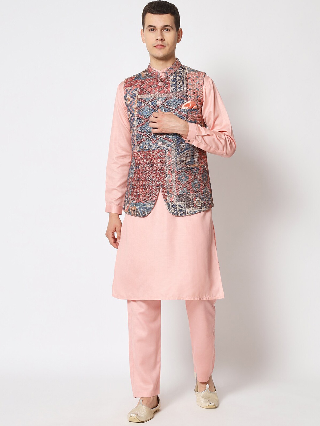 

MAXENCE Mandarin Collar Kurta with Trousers with Printed Nehru Jacket, Pink
