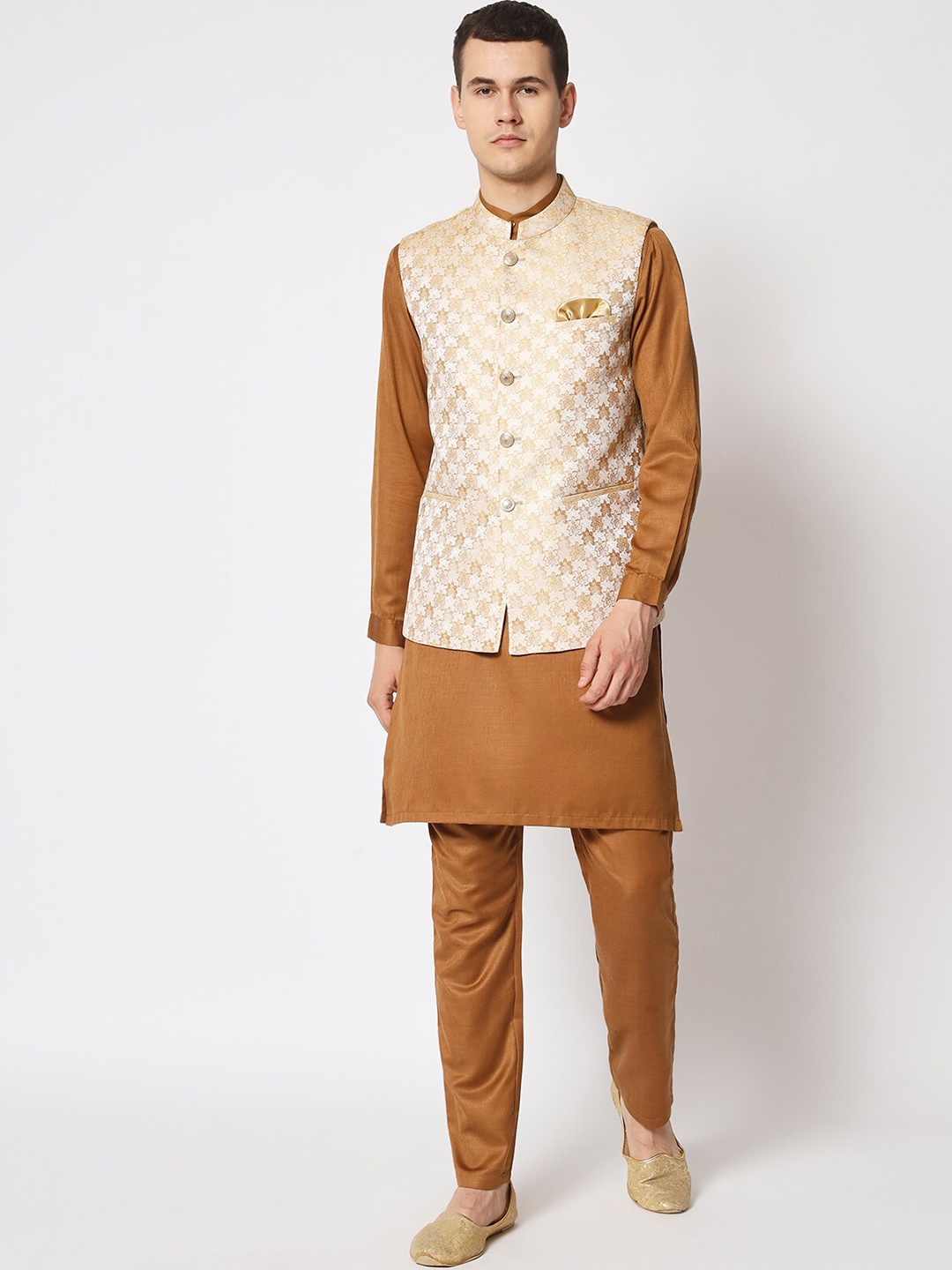 

MAXENCE Mandarin Collar Kurta with Pyjamas with Woven Design Nehru Jacket, Cream