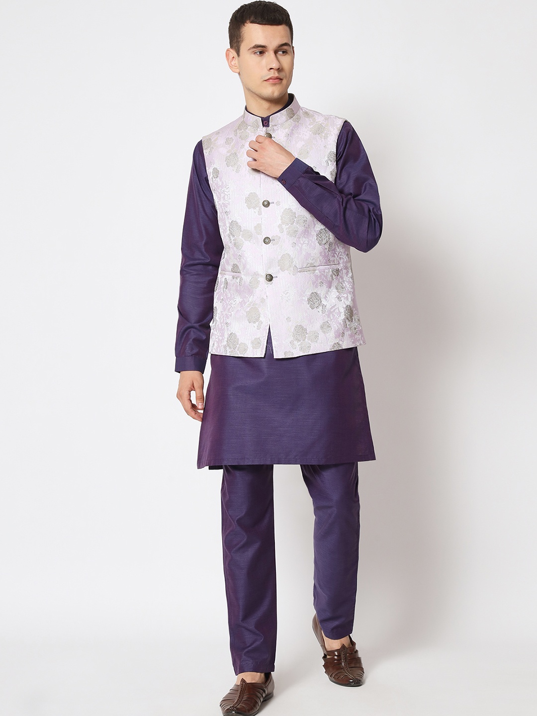 

MAXENCE Mandarin Collar Kurta with Trousers with Woven Design Nehru Jacket, Purple