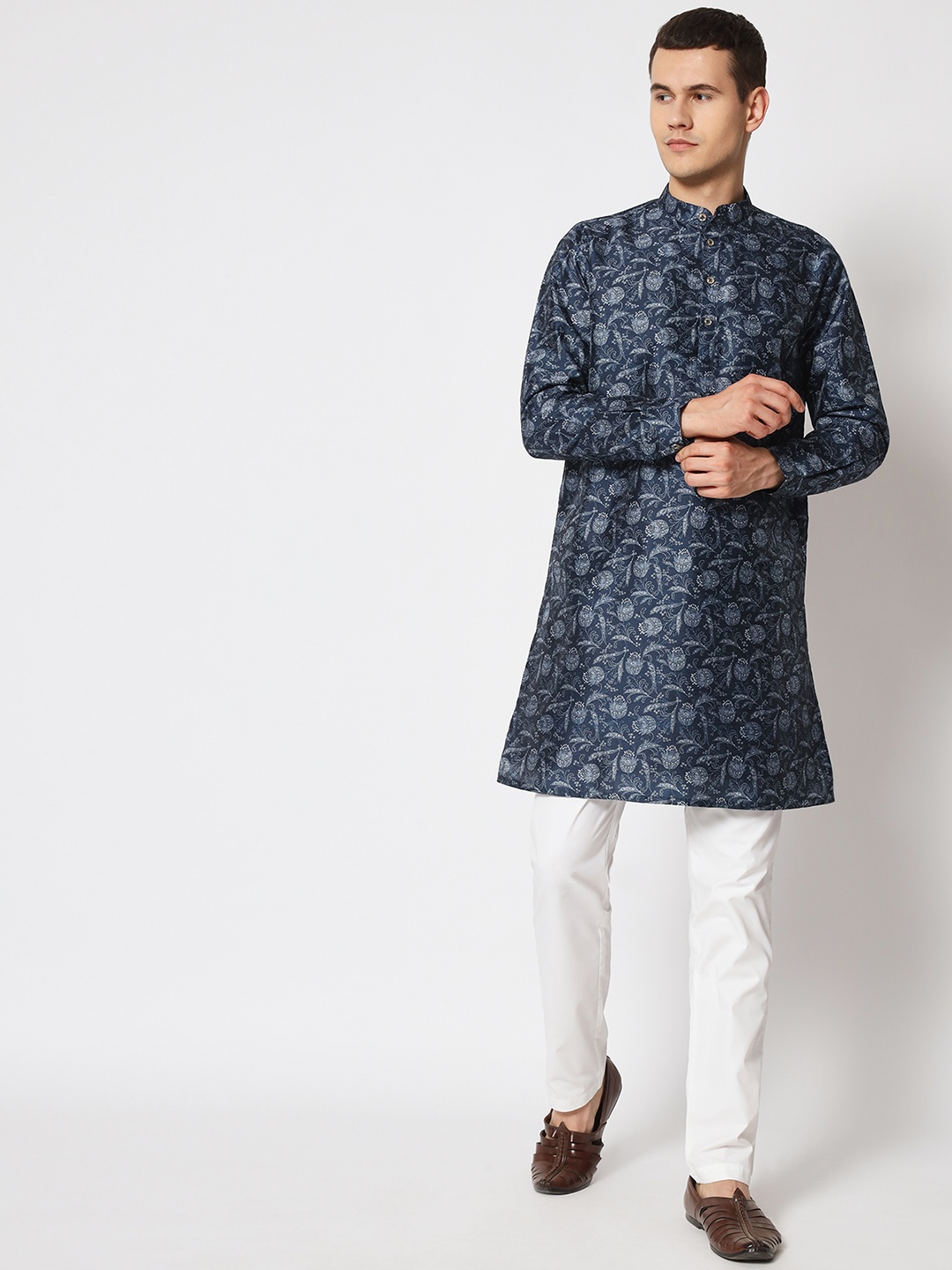 

Maxence Floral Printed Kurta With Trousers & Nehru Jacket, Blue