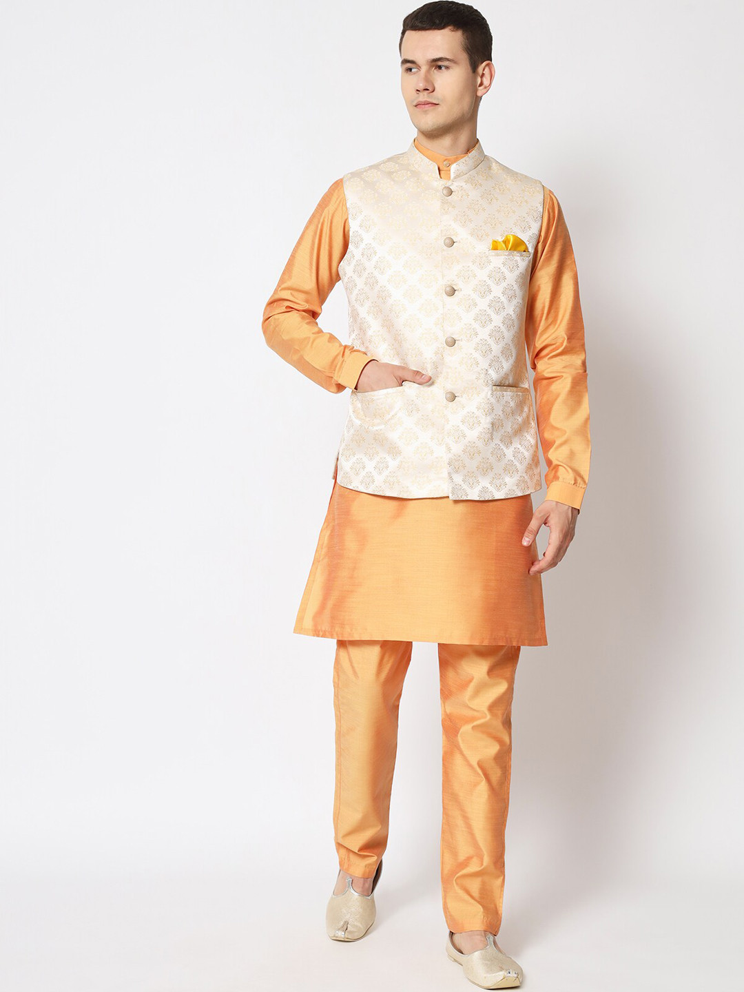 

MAXENCE Band Collar Straight Kurta With Trousers & Nehru Jacket, Orange