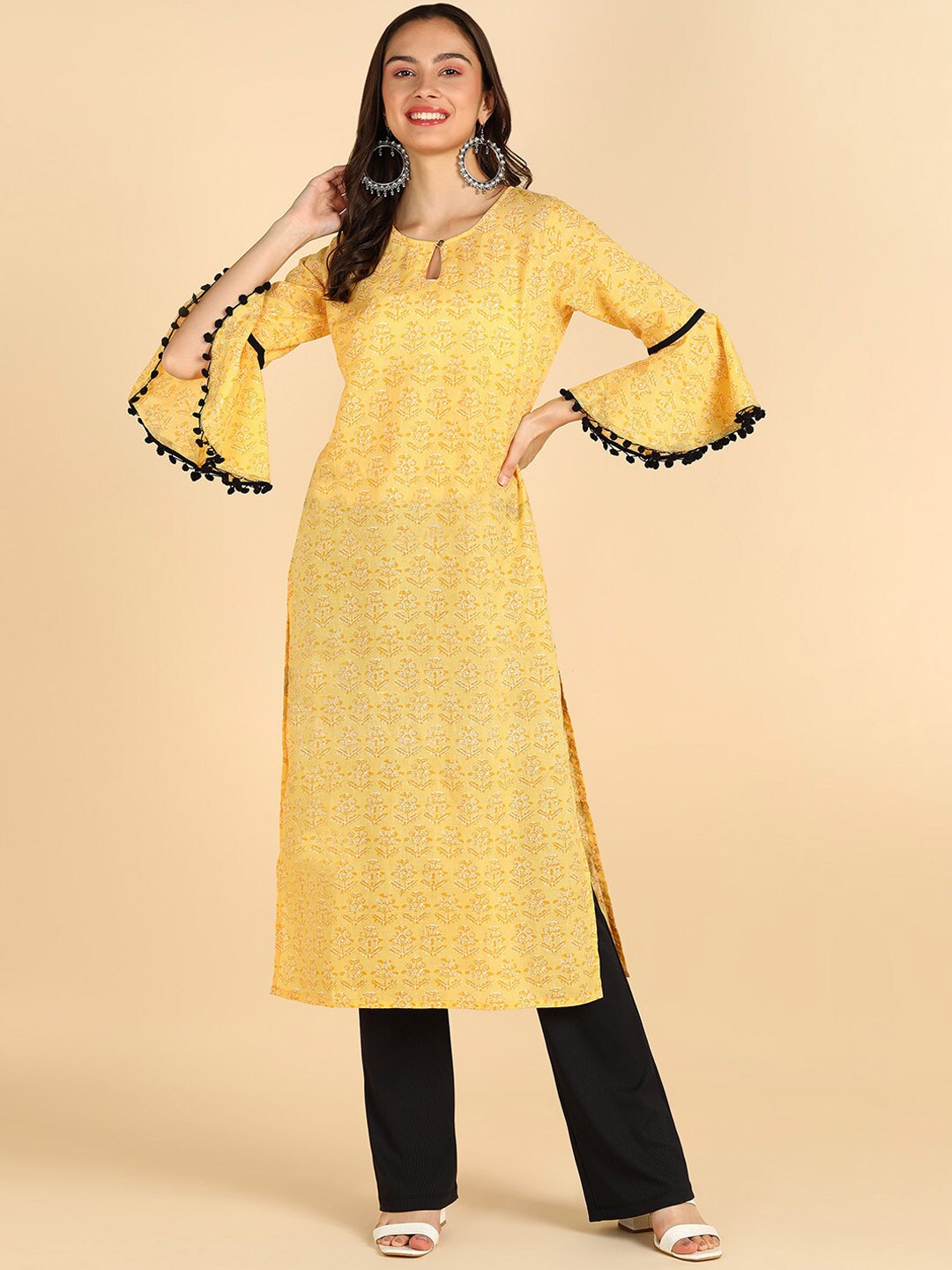 

ZNX Clothing Keyhole Neck Floral Printed Bell Sleeves Pure Cotton Kurta, Yellow