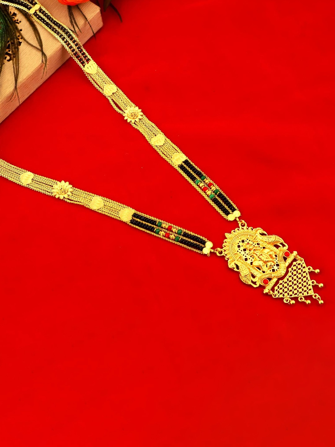 

MANSIYAORANGE Gold-Plated & Beaded Traditional Temple Theme Long Mangalsutra